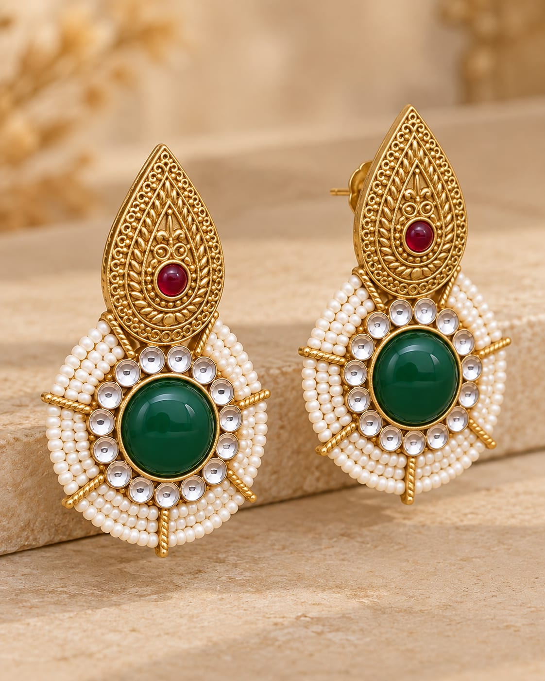 Madhubani Emerald & Pearl Gold-Plated Studs