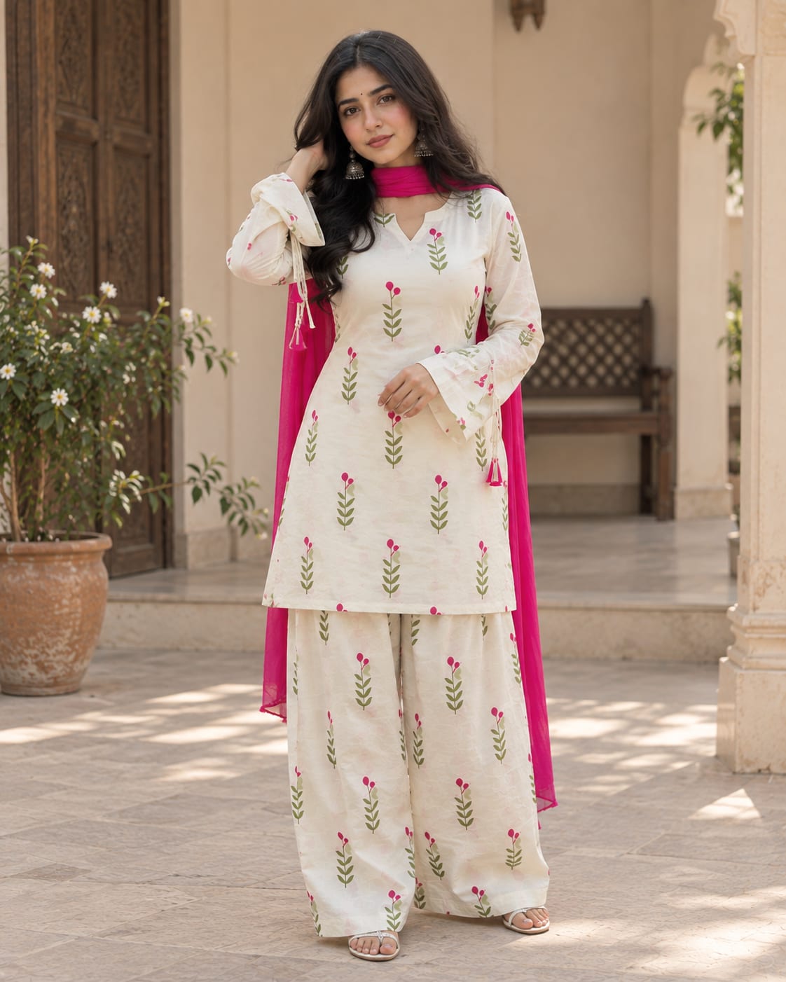 Off-White Floral Block-Print Cotton Short Kurta with Wide-Leg Palazzo and Contrasting Dupatta Set
